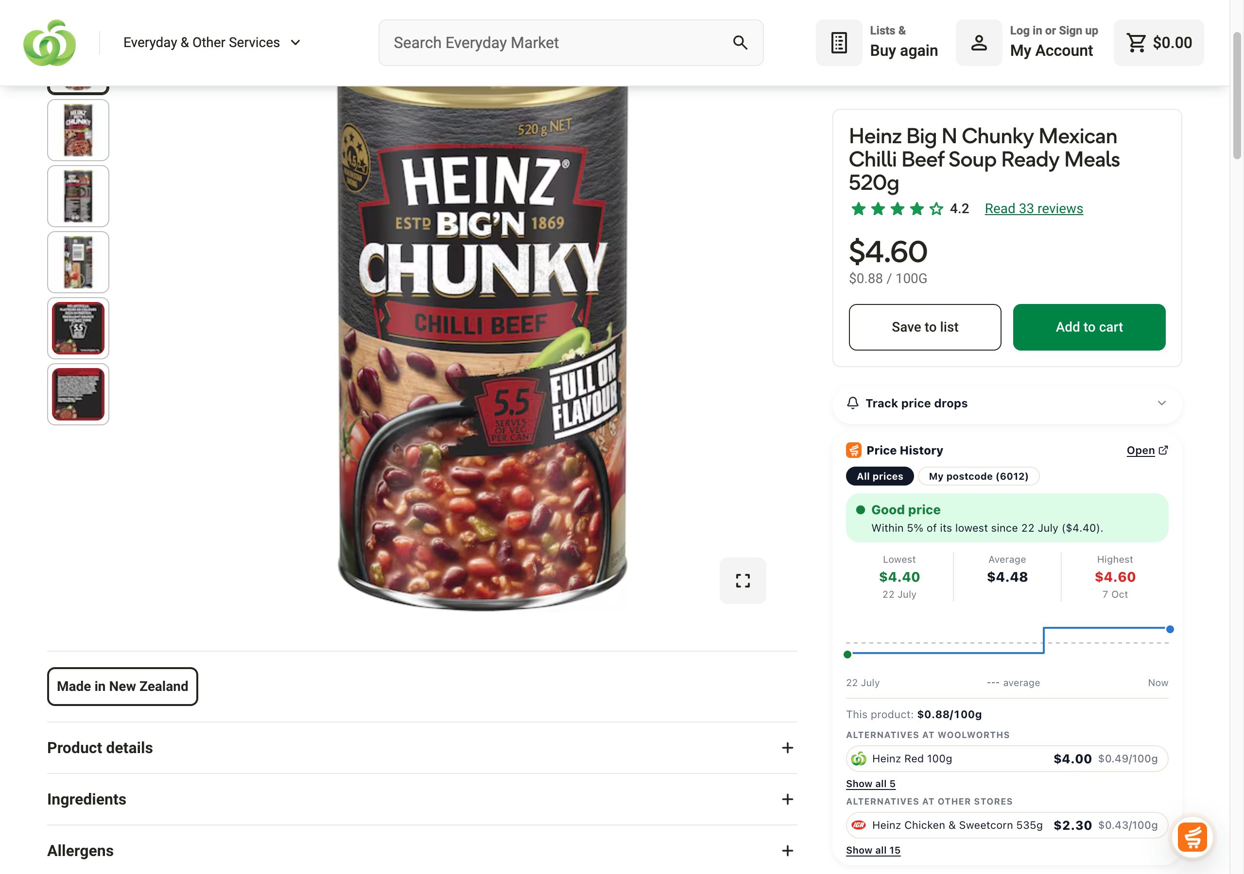 Woolworths product page with the OpenOrder price-history panel under the price